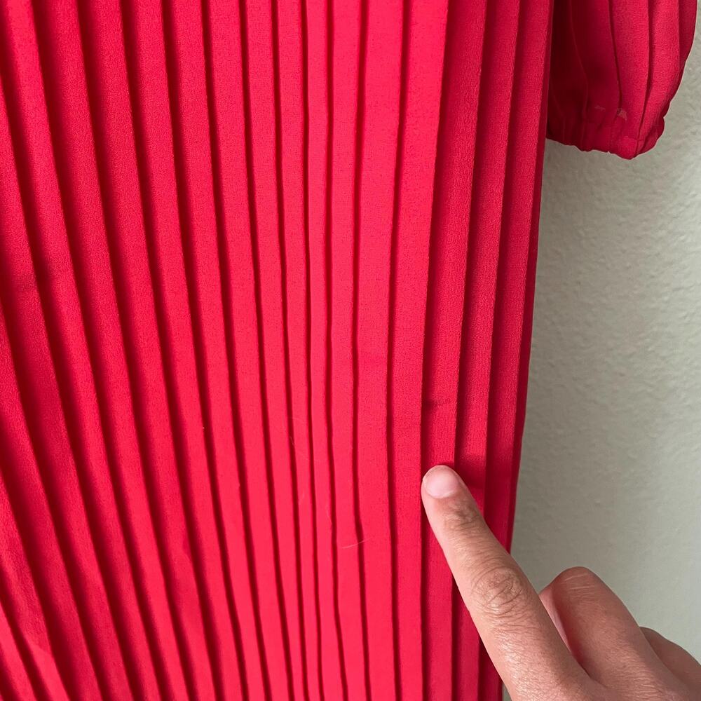 80s vintage red pleated midi dress with puff sleeves maximalist - Picture 8 of 10